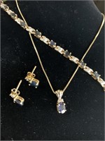 Sapphire and diamond necklace, bracelet and stud