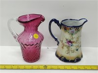 cranberry pitcher,  old hand painted pitcher