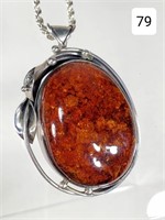 Amber & Silver Pendant w ..925 Sterling Chain