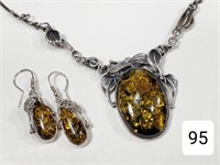 Amber & Silver Necklace & Earring Set