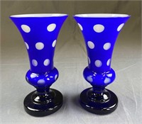 Pair Cobalt Cased Polka Dot Art Glass Vases