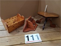 Wood stool, basket, wall shelf