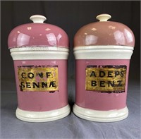 Pair Victorian Pink Porcelain Apothecary Jars