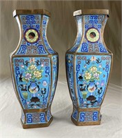 Pair Hexagonal Chinese Cloisonne Vases 15 1/2"