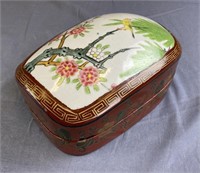 Antique Chinese Lacquer Box Porcelain Inlay Top