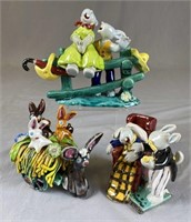3 Unusual Hand Made Ceramic Bunny Figurines REO