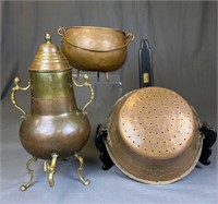 Antique Copper Samovar, Colander, Footed Pot