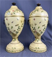 Pair of Decorative Tole Painted Metal Urns