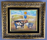Midcentury Oil on Board Signed Cat Painting