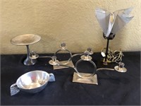 Pr 3 lighted candle sticks, lamp Compote & more