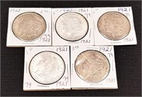 (5) 1921 Morgan Dollars AU-BU