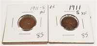 (2) 1911-S Cents XF, AU