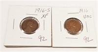1916 Cent Unc.; 1916-S Cent XF
