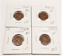 (2) 1929 Cents AU-Unc.; 1929-D,S Cents VF-XF