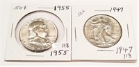 1947 Half Dollar AU; 1955 Half Dollar BU