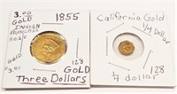1855 $3 Gold-Damage; 1881 California Gold Quarter