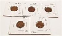 1863 CWT; 1864, ’81, ’99, ’07 Cents VG-AU