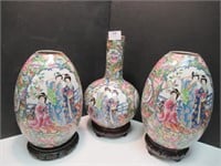Asian Vases on Wooden Base Tallest 14" - qty 3