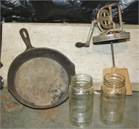 Atlas Mason jars, cast iron skillet, top of churn
