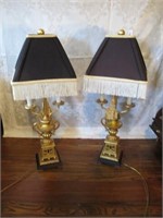 PAIR OF GOLD GILT LAMPS WITH BLACK SQUARE SHADES