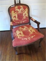 CARVED VICTORIAN ARM CHAIR CREST SHIELD FABRIC