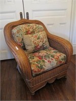 WICKER CHAIR W/ FLORAL UPHOLSTERED CUSHIONS
