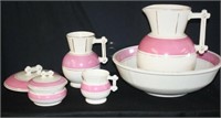 Pink/white/gold pitcher & basin & matching pieces
