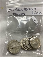 Lot 16- Qty 10 Silver Mercury Dimes 90% Silver