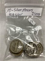 Lot 17-  Qty 10 Silver Mercury Dimes 90% Silver