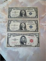 One $5 bill and two $1 silver certificates