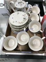 CUPS AND SAUCERS, COFFEE POT