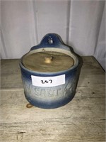 257 Blue Stoneware Small Salt Crock w/Wood Lid