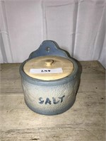 258 Blue Stoneware Small Salt Crock w/ Wood Lid
