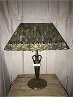 267 Brass Green Lamp with Blue Gems- Stained Glass