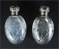 Pair of Sterling & Etched Crystal Laydown Perfumes