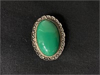 Large Mexican Sterling Pin/Pendent Green Stone 2"