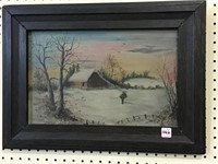 Primitive Wood Frame Painting of Winter