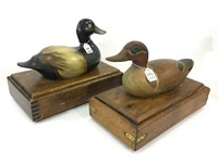 Lot of 2 Wood Boxes w/ 2-Various Carved Decoys