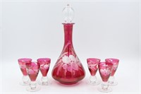 Beautifuly Etched Cranberry Glass Cordial Set