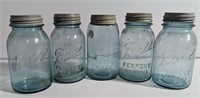 Vintage Blue Glass Ball Mason Jars with lids 7".