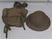 Lot w/ Vtg Combat Helmet & Canvas Bag
