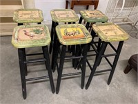 6 wood bar stools, handpainted and signed