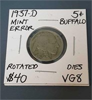1937D Mint Error Buffalo Nickel- Graded VG8
