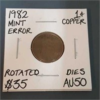 1982 Mint Error Lincoln Copper Penny- Graded AU50