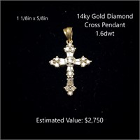 14kt Gold Diamond Cross Pendant, 1.6dwt