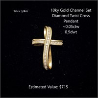10kt Channel Set Diamond Twist Cross Pendant