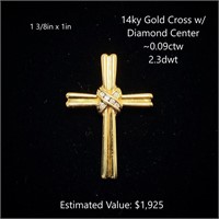 14kt Cross w/ Diamond Center, ~0.09ctw, 2.3dwt