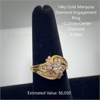 14kt Marquise Dia. Engagement Ring, ~0.25ct Center