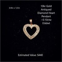 10kt Antiqued Diamond Heart Pendant, ~0.10ctw