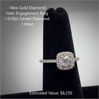 14kt Diamond Halo Engagement Ring, ~0.50ct Center